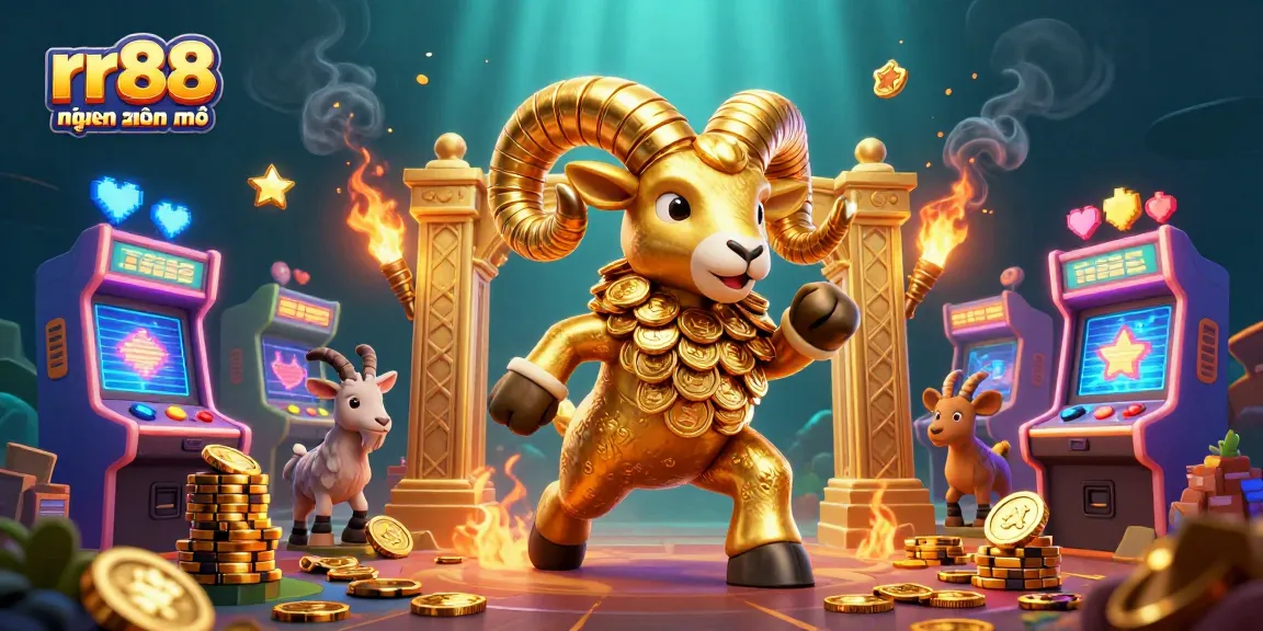 rr88 hiện đang mở showcases a vibrant illustration of a golden ram charging, symbolizing winning in online gambling.