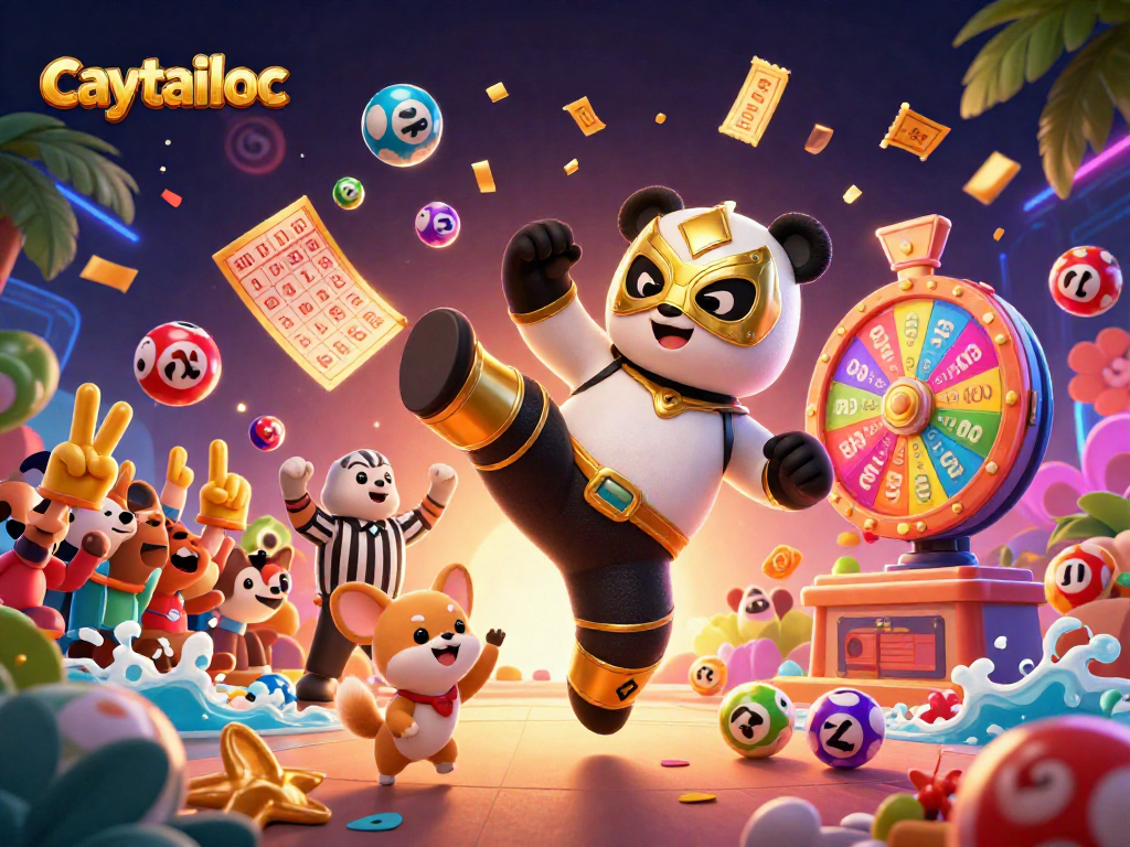 Experience excitement with caytailoc as a panda wrestler kicks while animals cheer around dynamic game elements.