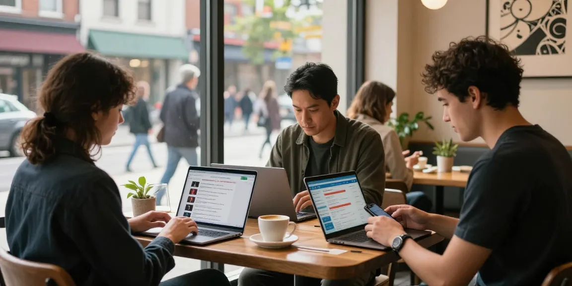 Individuals browsing BedPersonal classified ads in a vibrant urban café.