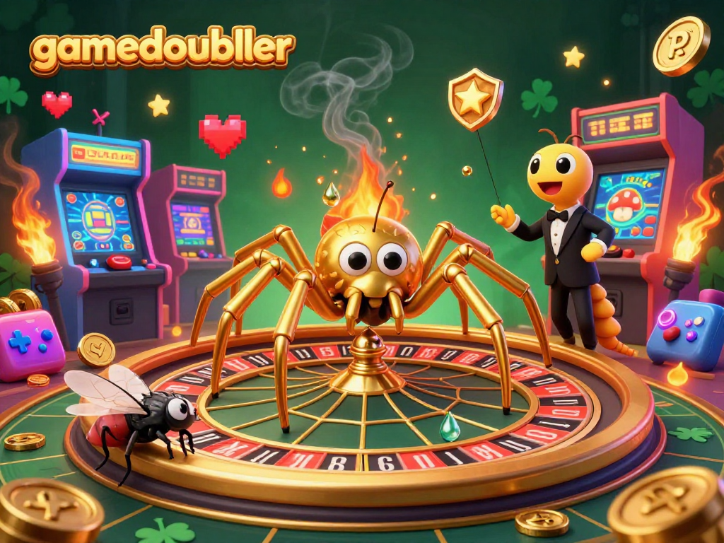 Experience thrilling gameplay with gamedoubler featuring a vibrant casino scene with a golden spider and dynamic arcade elements.