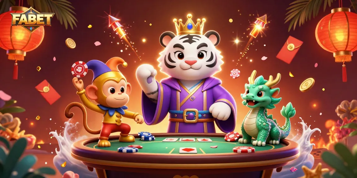 Engage with FABET's lively casino world featuring a playful monkey and an elegant tiger amid poker action.