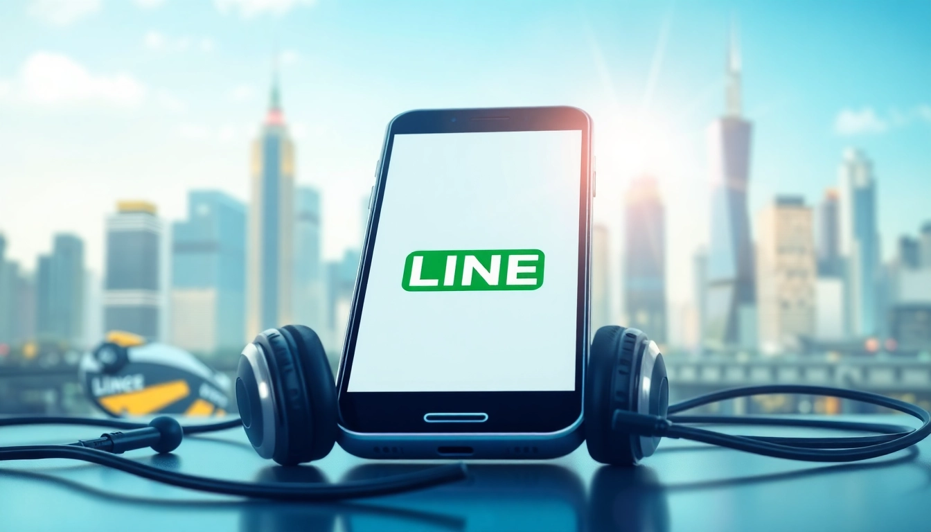 選擇 LINE 下載應用程式的智慧型手機畫面,融入活力城市天際線。