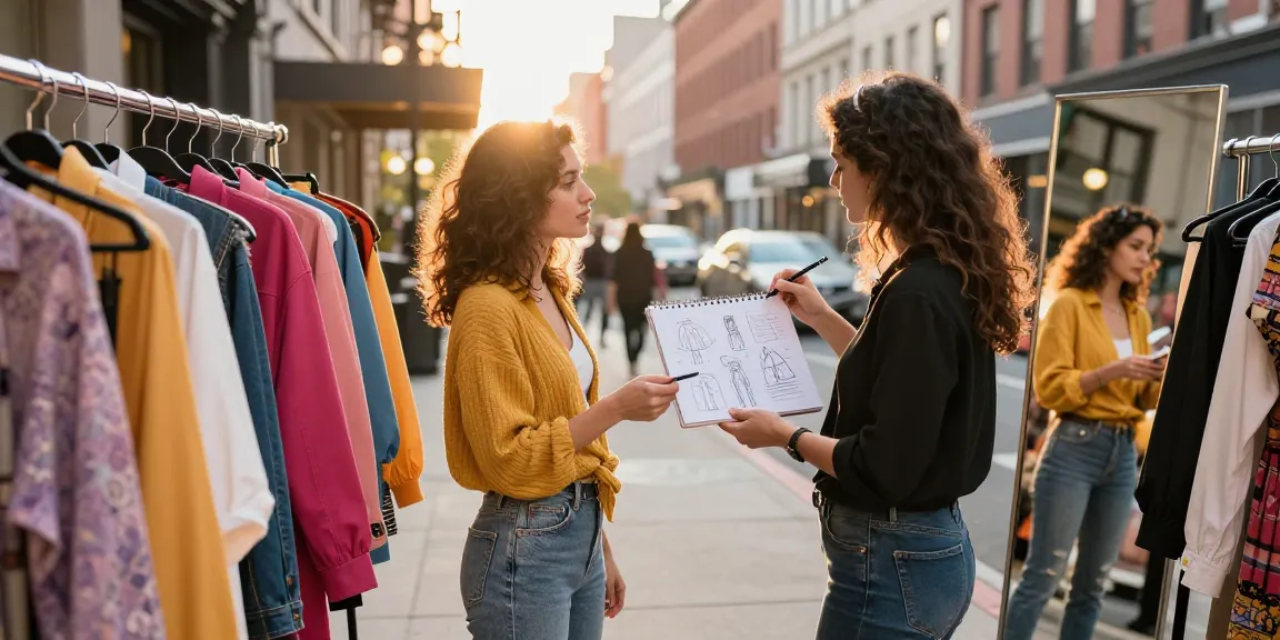 Consulenza d'immagine con una professionista che aiuta a valorizzare il proprio stile personale in un'atmosfera urbana vivace.