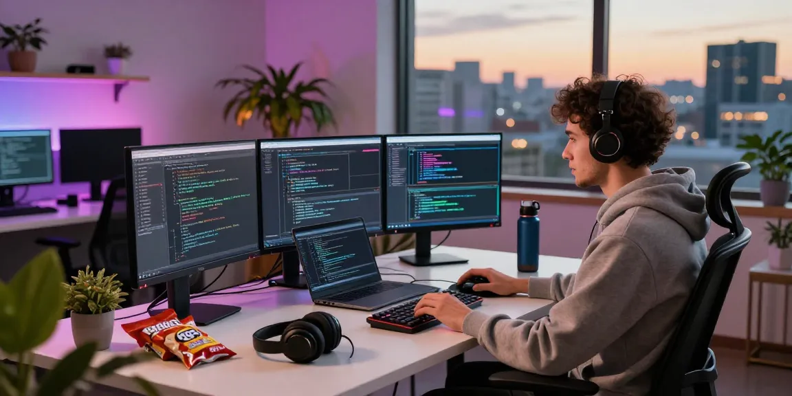 Engineer coding in a modern workspace illustrating ai 18+ technology with multiple screens and vibrant city backdrop.