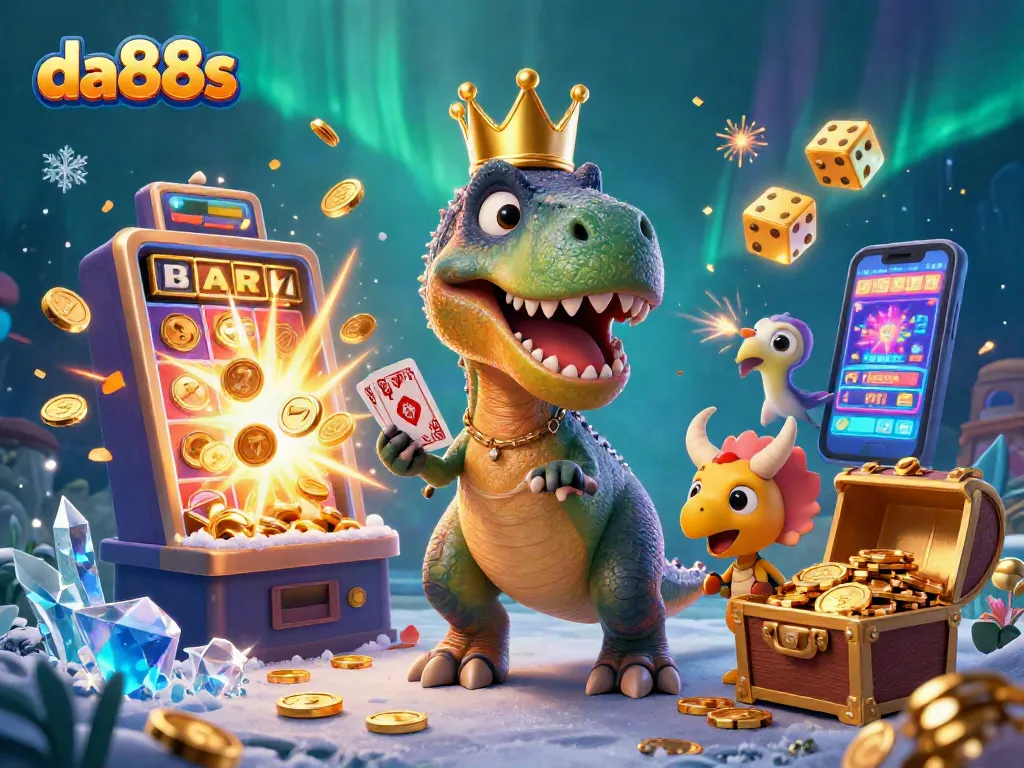 Engaging da88s scene showcasing cartoon T-Rex shuffling cards with friends, bursting slot machine, and golden winnings.