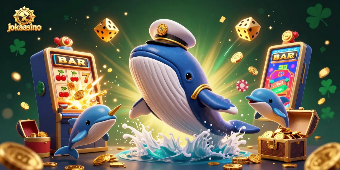 Experience jokacasino excitement with playful dolphins, a captain's whale, and slot machines bursting with coins.