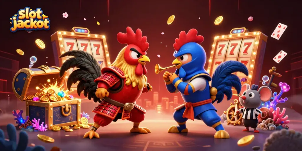 Experience the thrill of slot jackpot excitement with dynamic cartoon roosters battling amidst vibrant casino elements.