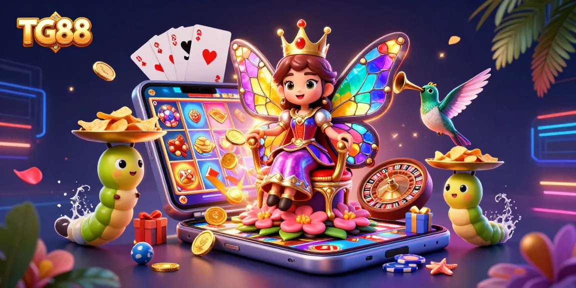 Experience thrilling jackpots with TG88's vibrant casino scene featuring a whimsical butterfly queen and interactive games.