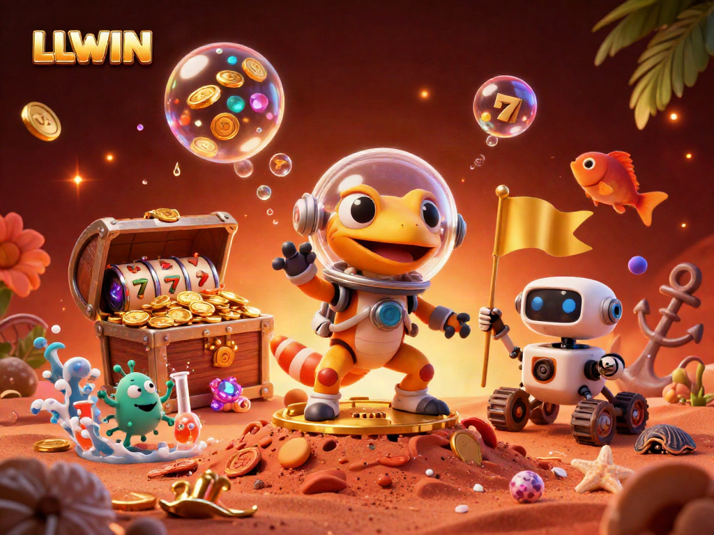 Engage with LLWIN's vibrant Martian gecko discovering a spectacular casino amidst alien treasures.
