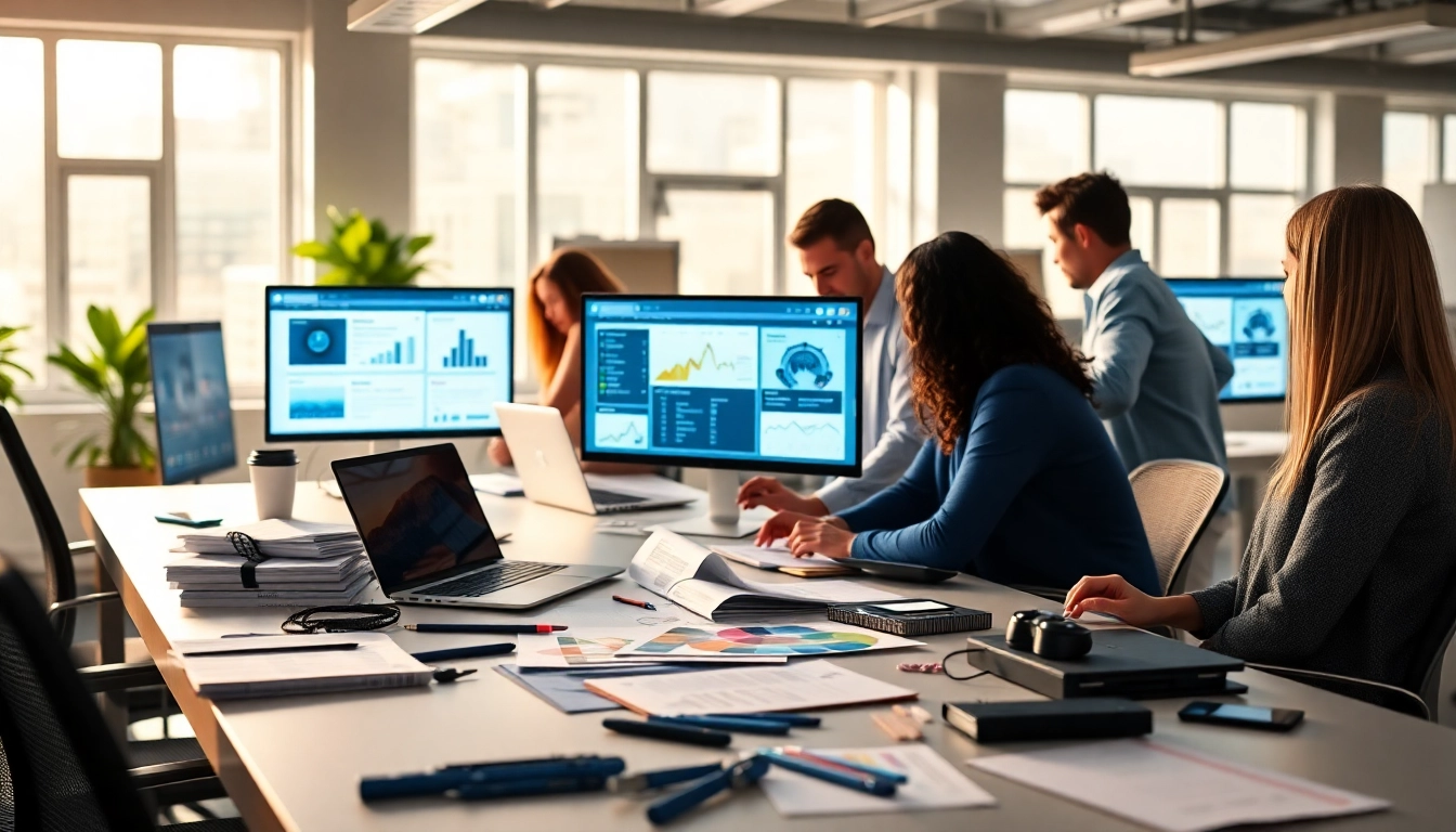 Showcase of Shopify website development services with a diverse team of developers collaborating in a professional workspace.