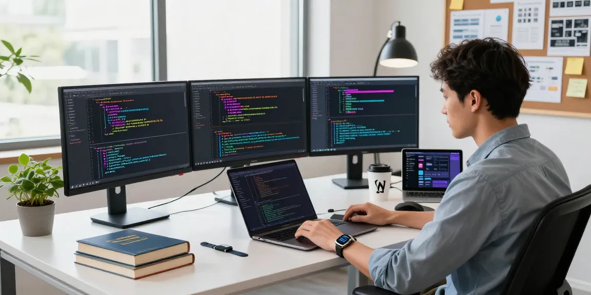 Explore https://www.bdtjl.app/ in a modern tech workspace featuring a developer coding with vibrant screens.