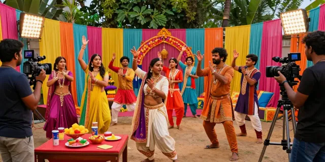 Actors rehearsing for an ullu web series in colorful Indian attire, capturing the vibrant film set atmosphere.