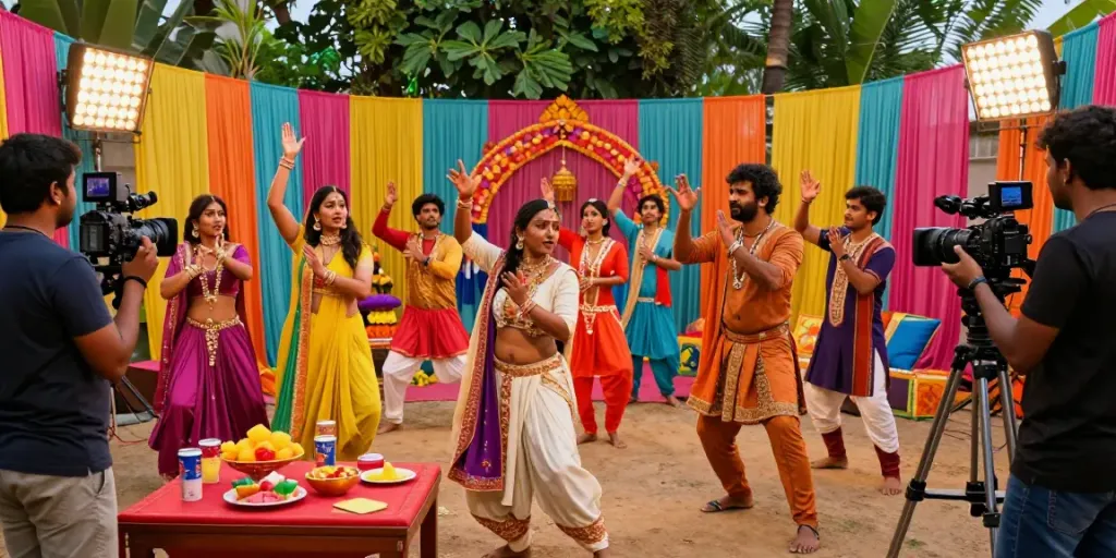 Actors rehearsing for an ullu web series in colorful Indian attire, capturing the vibrant film set atmosphere.
