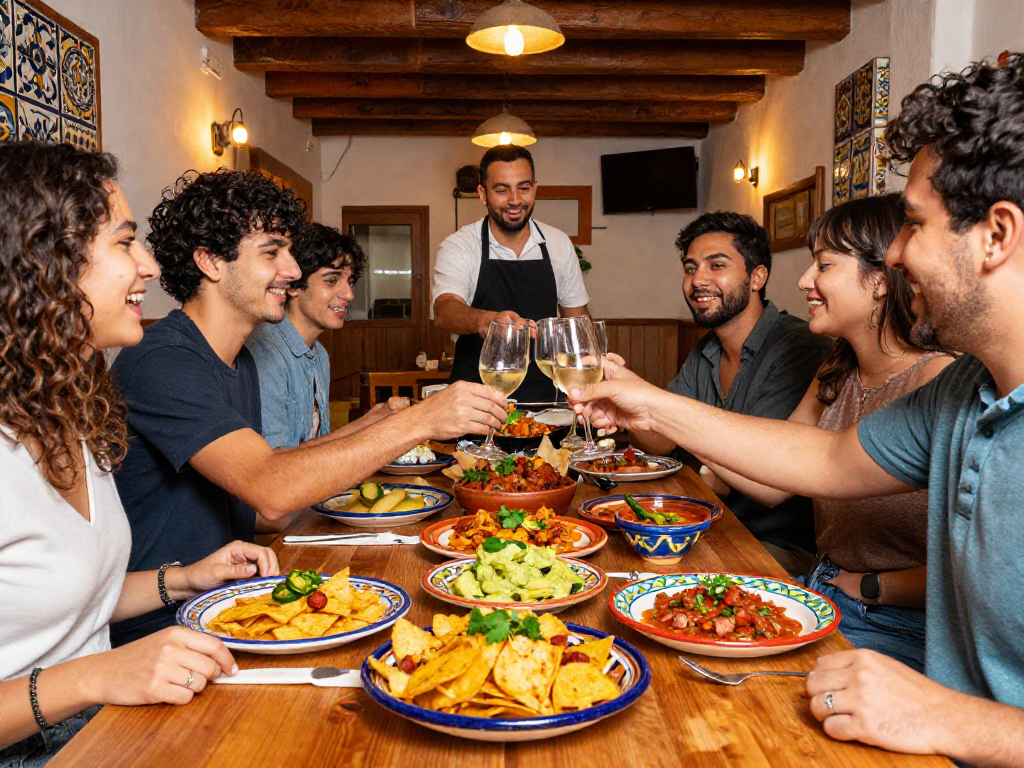 Enjoy the best tapas tortilla chips con chorizo near me shared among friends in a cozy restaurant.