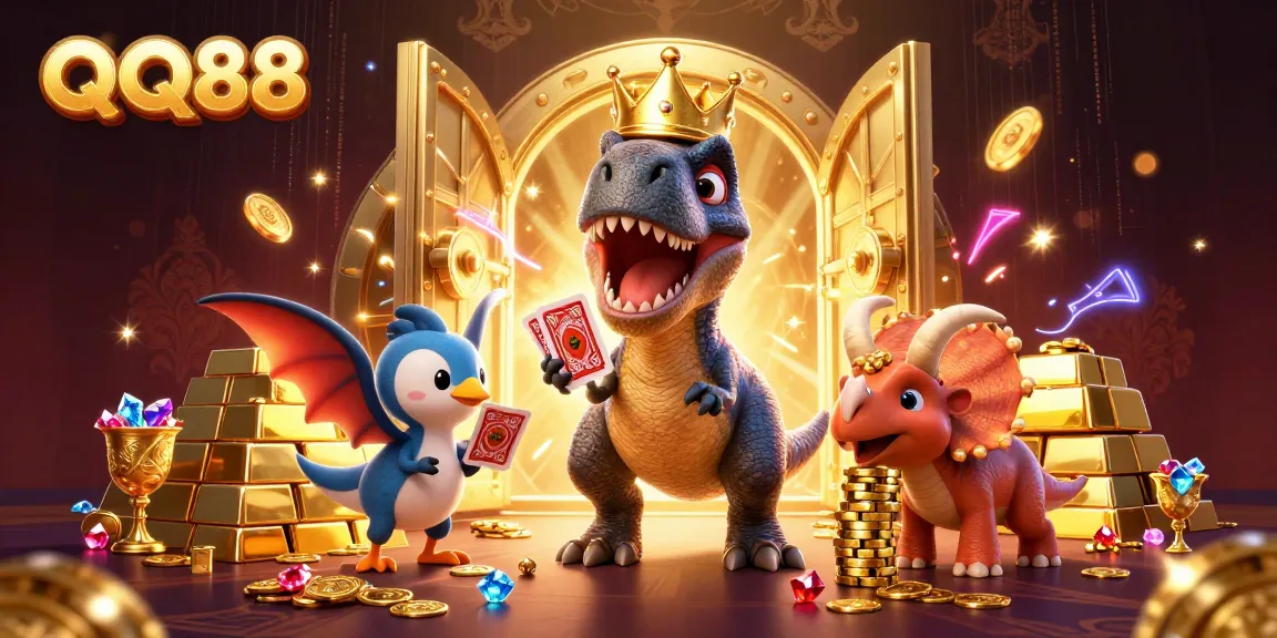 Experience thrilling gameplay at QQ88 with friendly casino characters and golden treasures.
