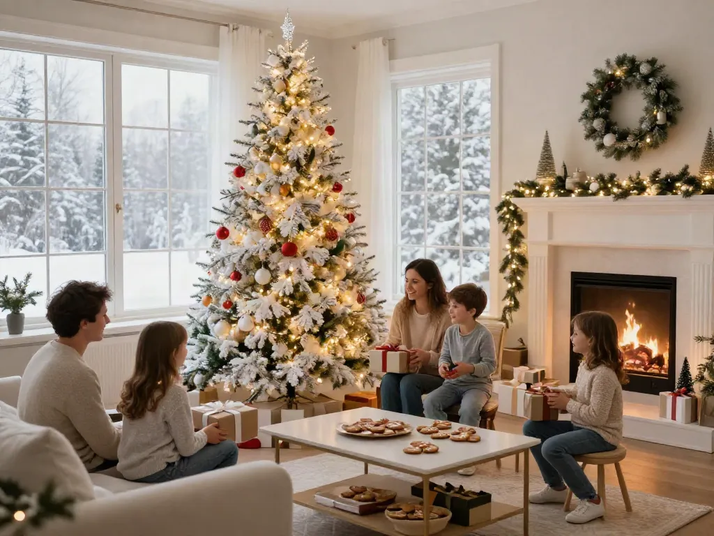 Family celebrating around a beautifully decorated artificial white xmas tree.
