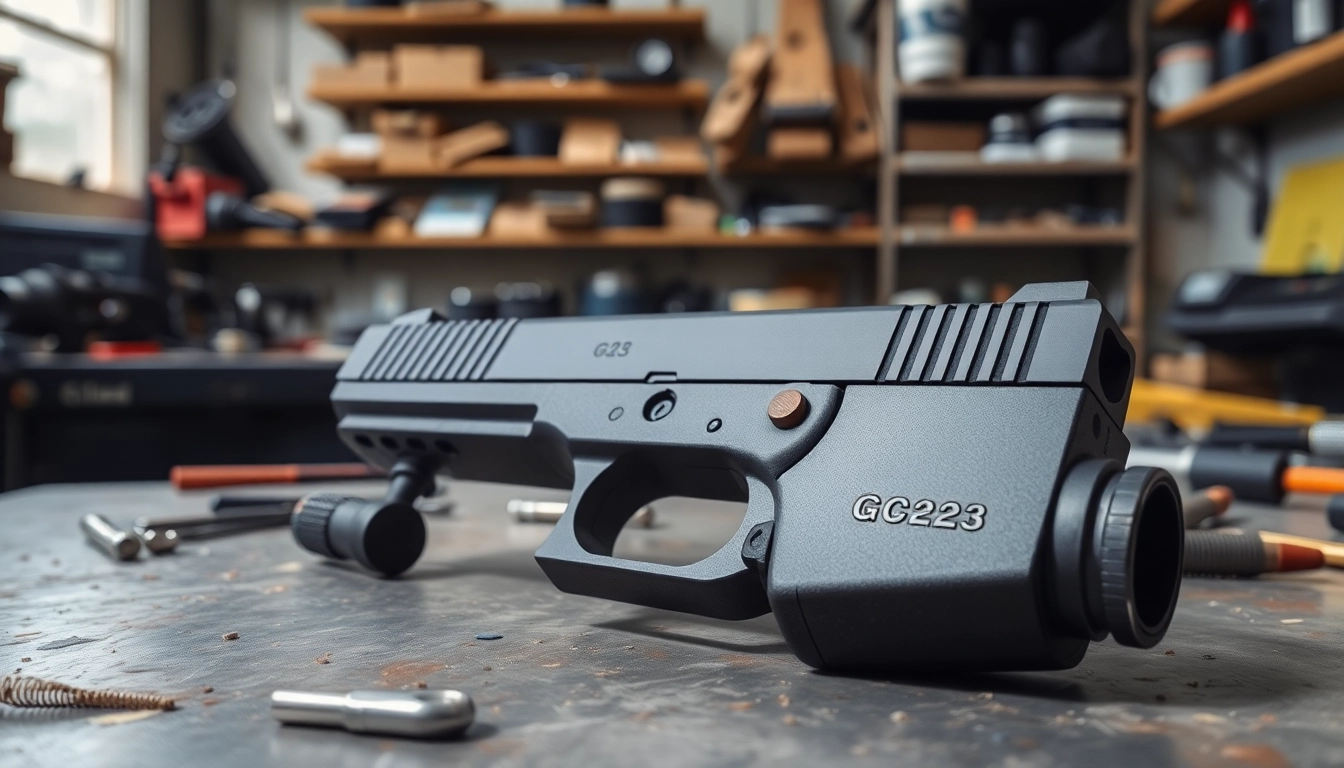 Showcase high-quality Glock 23 slides on a workbench, highlighting precision and craftsmanship in gun parts.