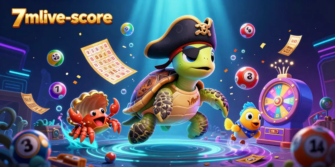 Engage with the 7mlive-score casino adventure, featuring a pirate turtle, golden crab, and vibrant lottery elements.