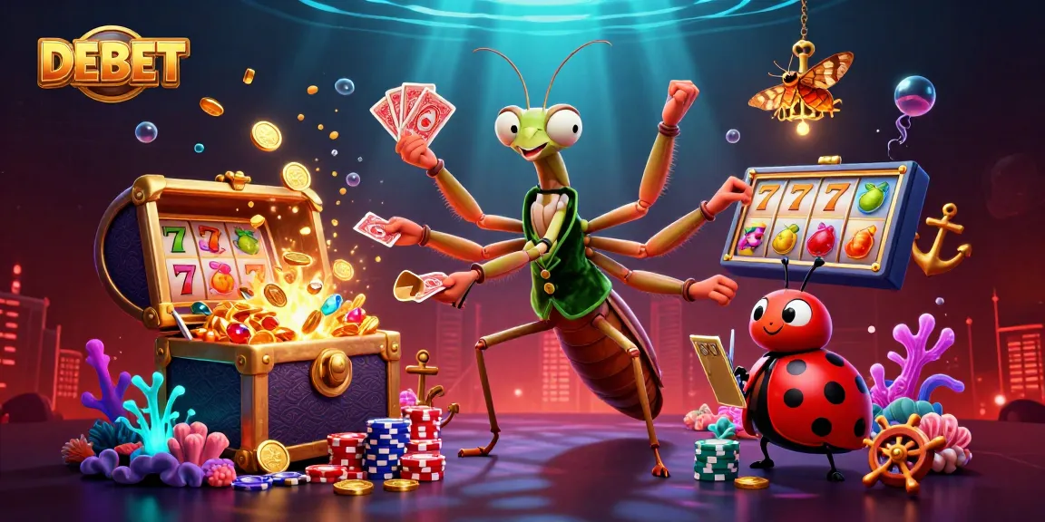 Engage in DEBET with vibrant slots, cards, and playful characters in a dynamic casino scene.