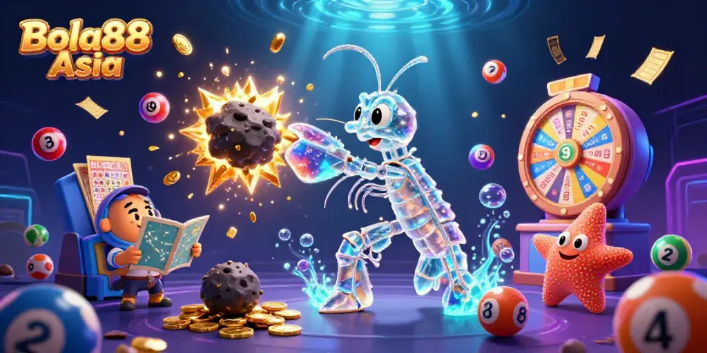 Bola88 Asia showcases vibrant gambling elements with galactic characters in an explosive casino scene.