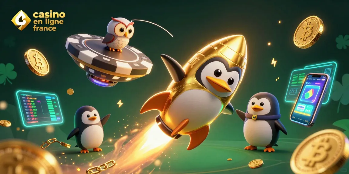 Rejoignez l'univers du casino en ligne France avec un pingouin doré propulsé par une fusée dans l'espace.
