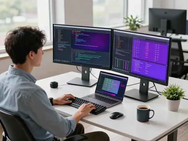 Workspace programmer menggunakan diana4d dengan layar kode dan perangkat modern.