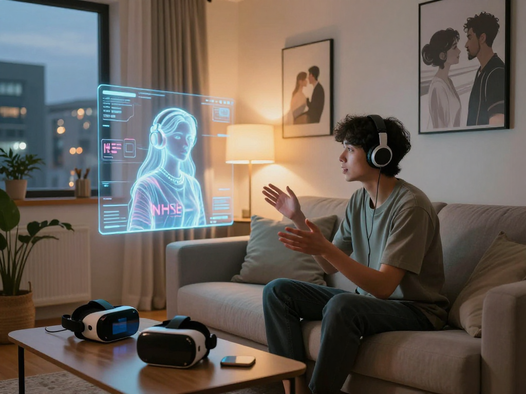Engaging moment with an NSFW AI girlfriend in a modern living room, showcasing virtual connection.