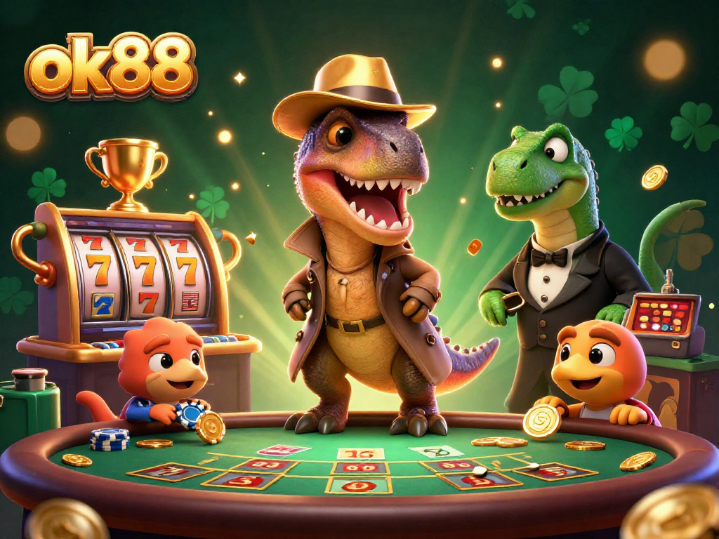 Engaging scene of a velociraptor card counter and friends at ok88, showcasing dynamic casino fun and excitement.