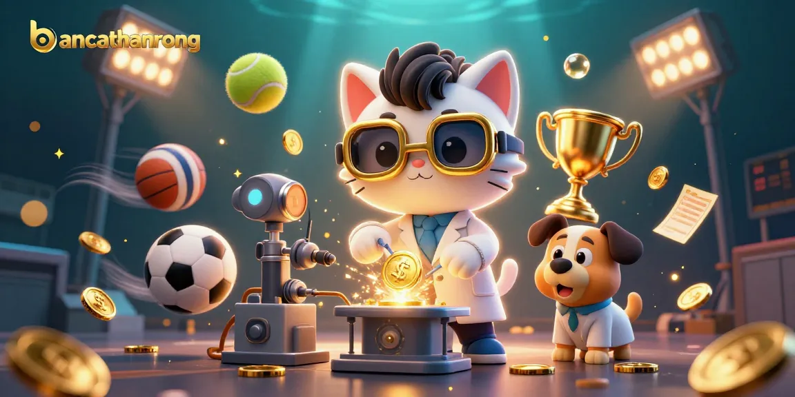 bancathanrong showcases mad scientist cat and assistant dog creating sports betting magic in a vibrant casino scene.