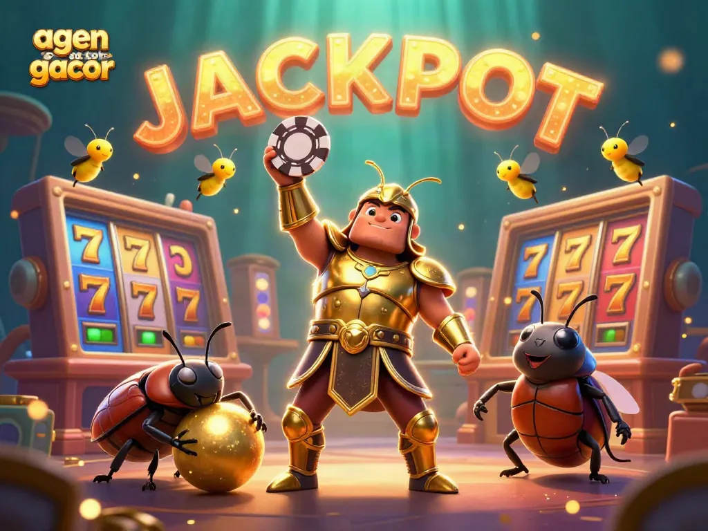 Experience the thrill of agen slot gacor with a victory scene featuring a beetle champion and vibrant slot elements.