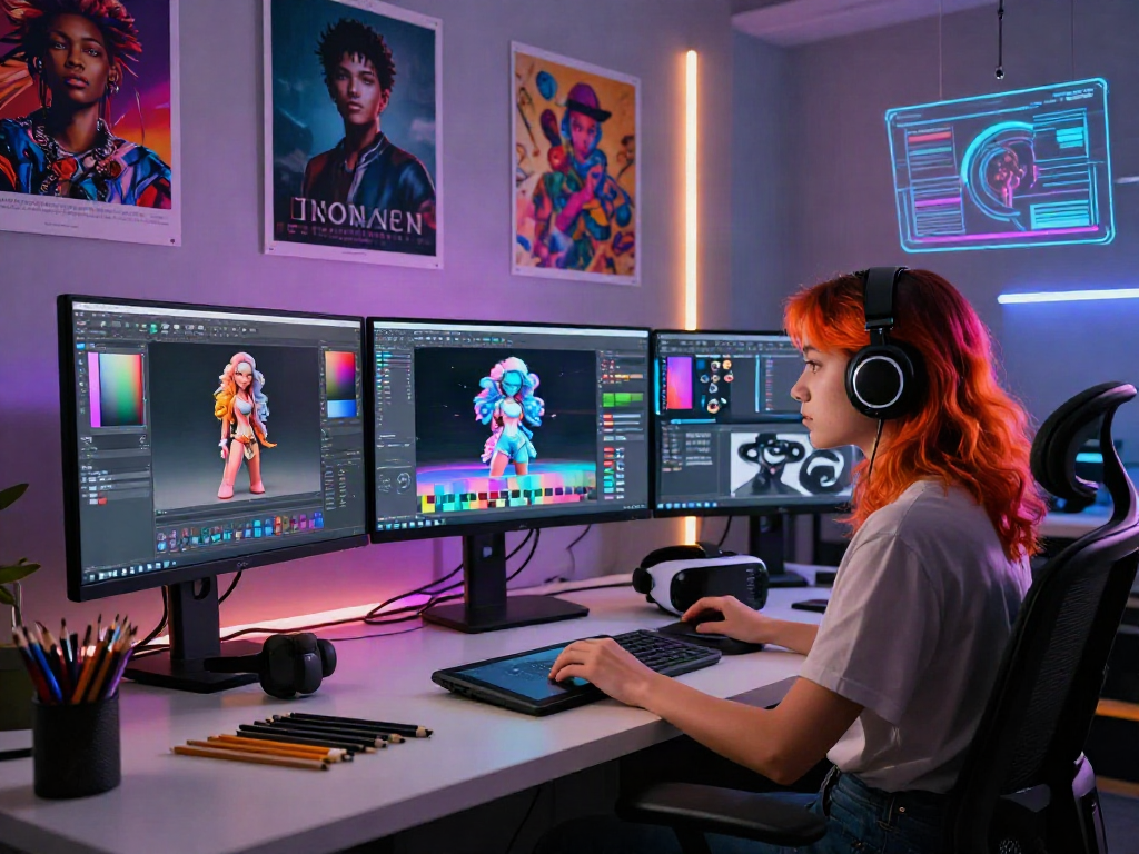 Creating stunning ai porn visuals in a modern digital art studio setting.