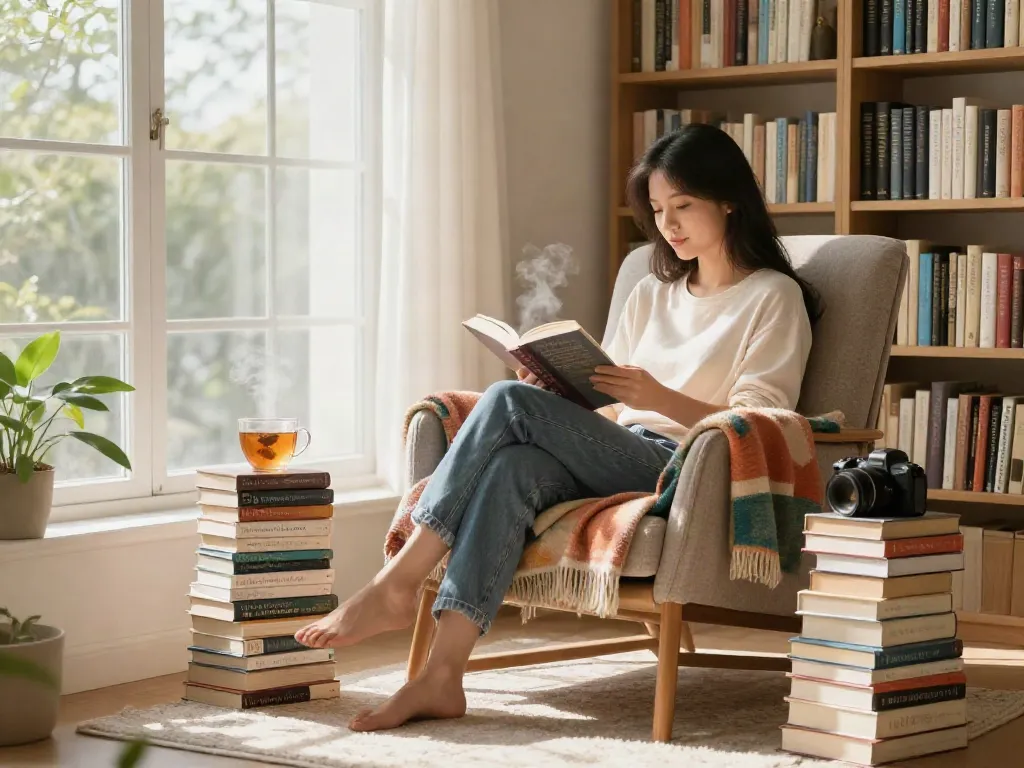 Inviting reading nook with recommended reading books, cozy armchair, and soft morning light