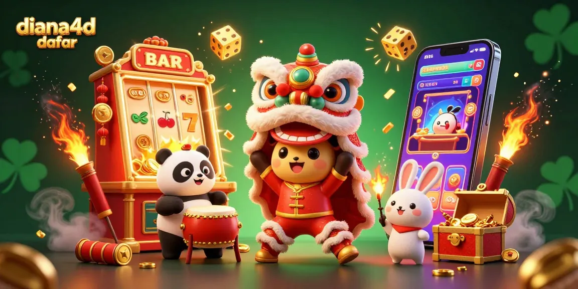 Experience diana4d daftar with exciting casino visuals featuring a lion dance, slot machine, and charming characters.