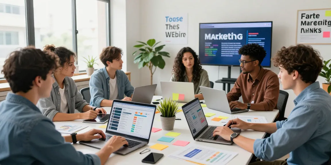 Engaging team collaboration on digital marketing strategy at https://www.www456bd.com/ with laptops, notes, and vibrant office decor.