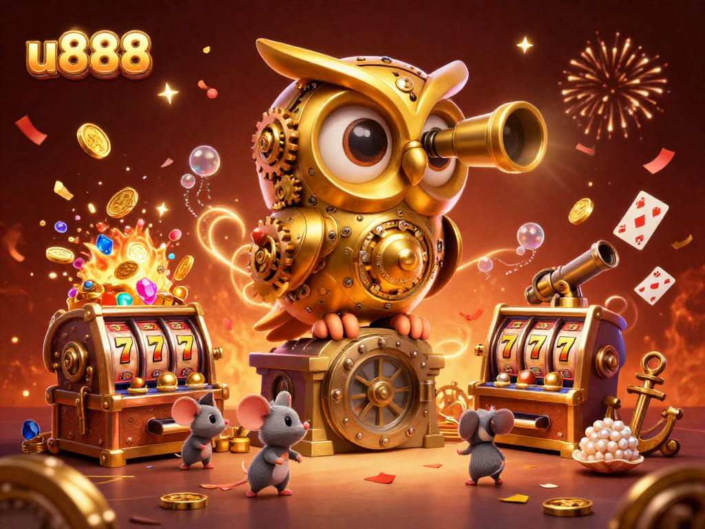 Experience epic wins at u888 with a vibrant 3D digital casino scene packed with excitement.