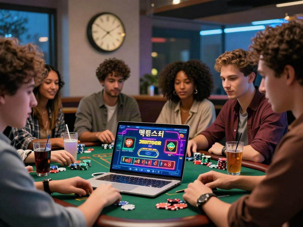 Discussion on 먹튀스팟 검증사이트 among friends in a vibrant gambling environment.