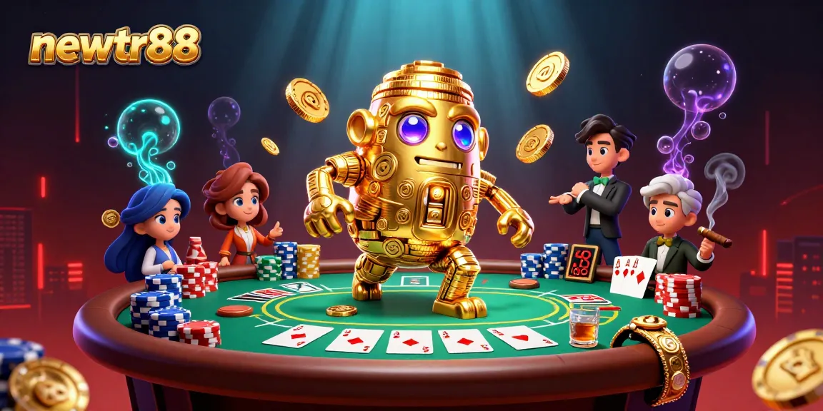 Experience the thrills of newtr88 with an ancient golem surrounded by poker elements and vibrant casino themes.