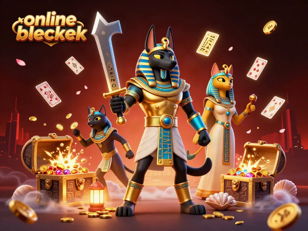 Experience the excitement of online blackjack as Anubis and Bastet immerse in a vibrant casino scene.