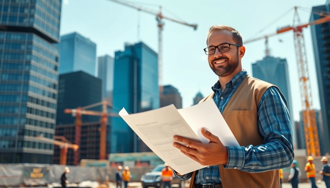 New York City Construction Manager reviewing plans at a construction site, showcasing expertise and professionalism.