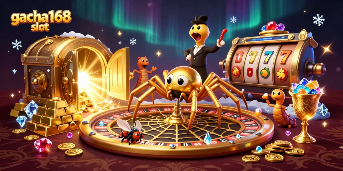Engage with gacha168 slot as the spider spins a golden web of rewards in a vibrant casino scene.
