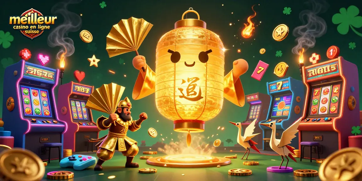 Jouez au meilleur casino en ligne suisse avec une illustration captivante de lanternes dorées et de machines à sous