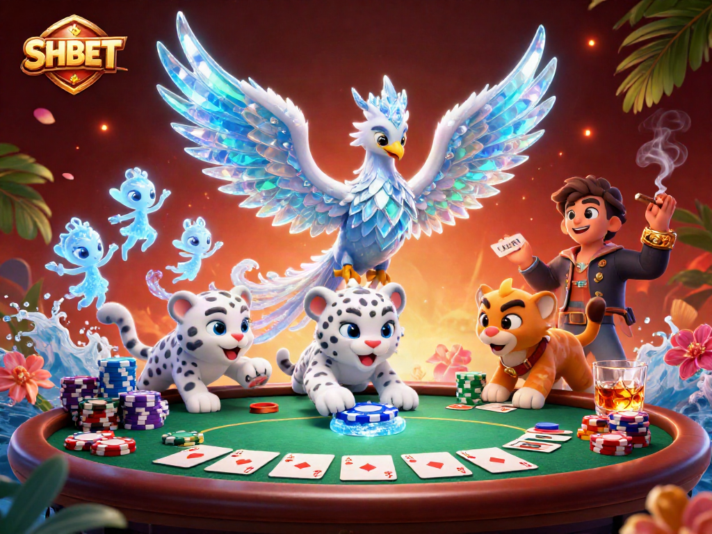Experience excitement with SHBET through dynamic poker action in a vibrant ice-themed illustration.