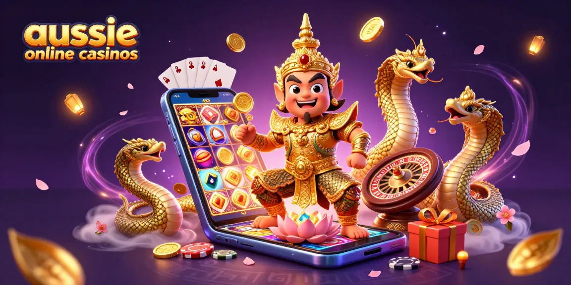 Aussie online casinos scene showcasing a guardian and gaming elements in a vibrant 3D environment.