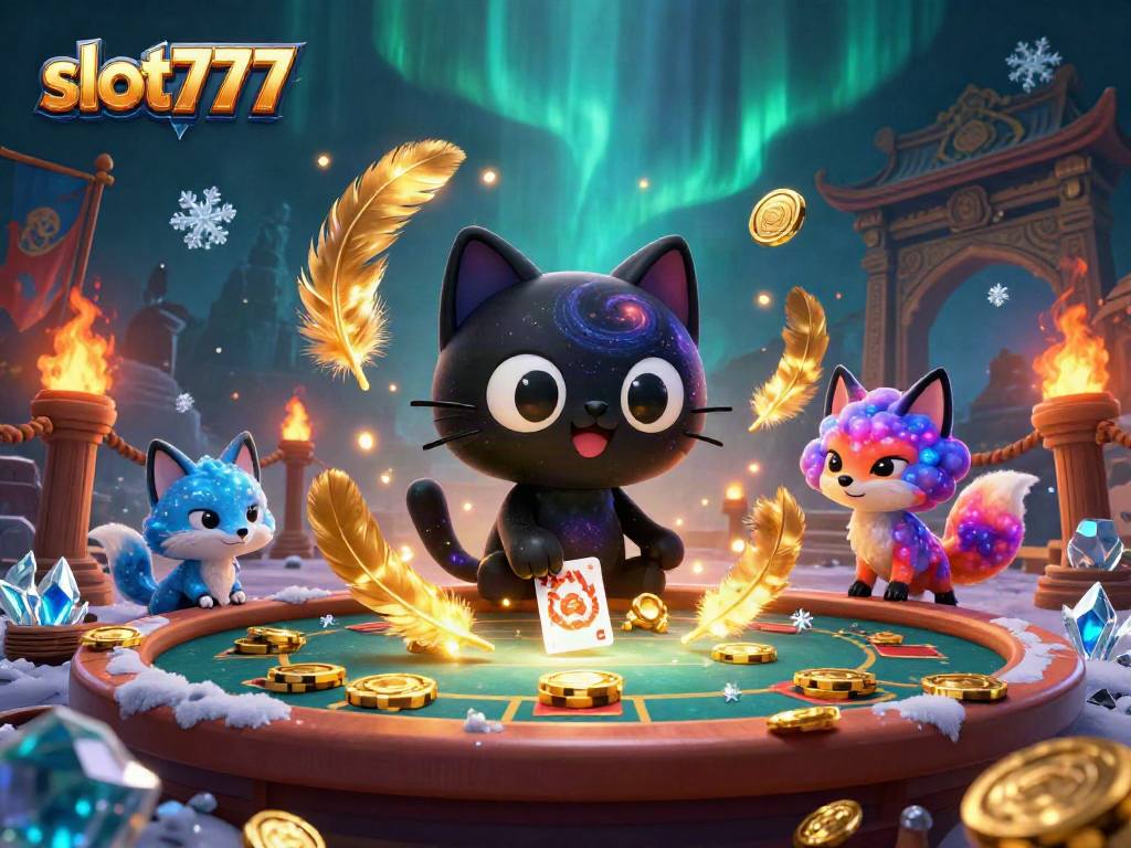 Menggali keberuntungan dengan slot777, kucing hitam dan rubah nebula di meja kasino yang megah.