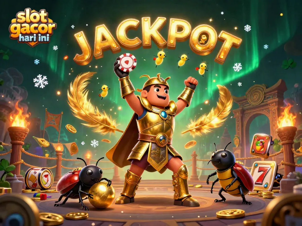 Menangkan slot gacor hari ini dengan ilustrasi kasino yang penuh kemeriahan dan simbol taruhan.