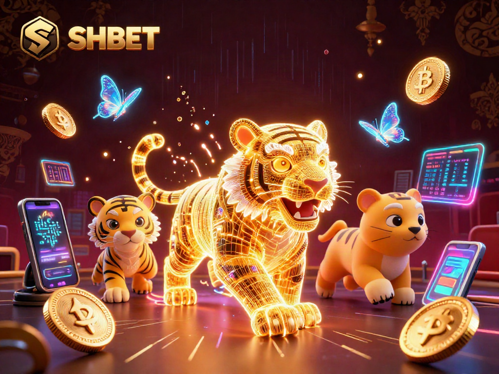 Experience SHBET magic with a neon tiger in a dynamic digital casino landscape.