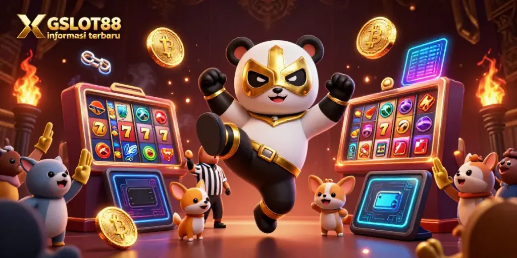 XGSLOT88 informasi terbaru memperlihatkan panda pegulat melakukan tendangan spektakuler di kasino online.
