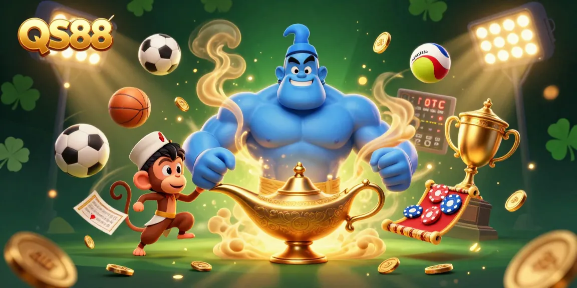 Experience thrilling game action at QS88 with a vibrant 3D illustration of a genie and poker elements.