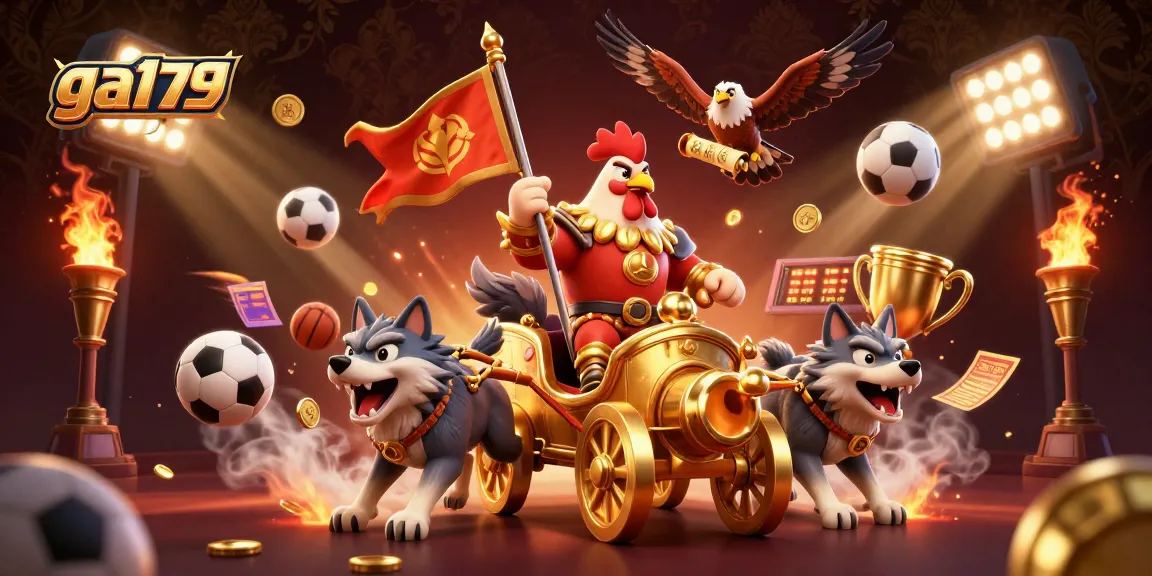 Experience excitement with ga179, featuring a cartoon rooster warlord amid dynamic sports actions and golden rewards.