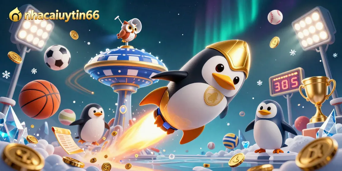 Experience thrilling gameplay at nhacaiuytin66 with a dynamic casino adventure featuring a golden penguin and vibrant sports elements.